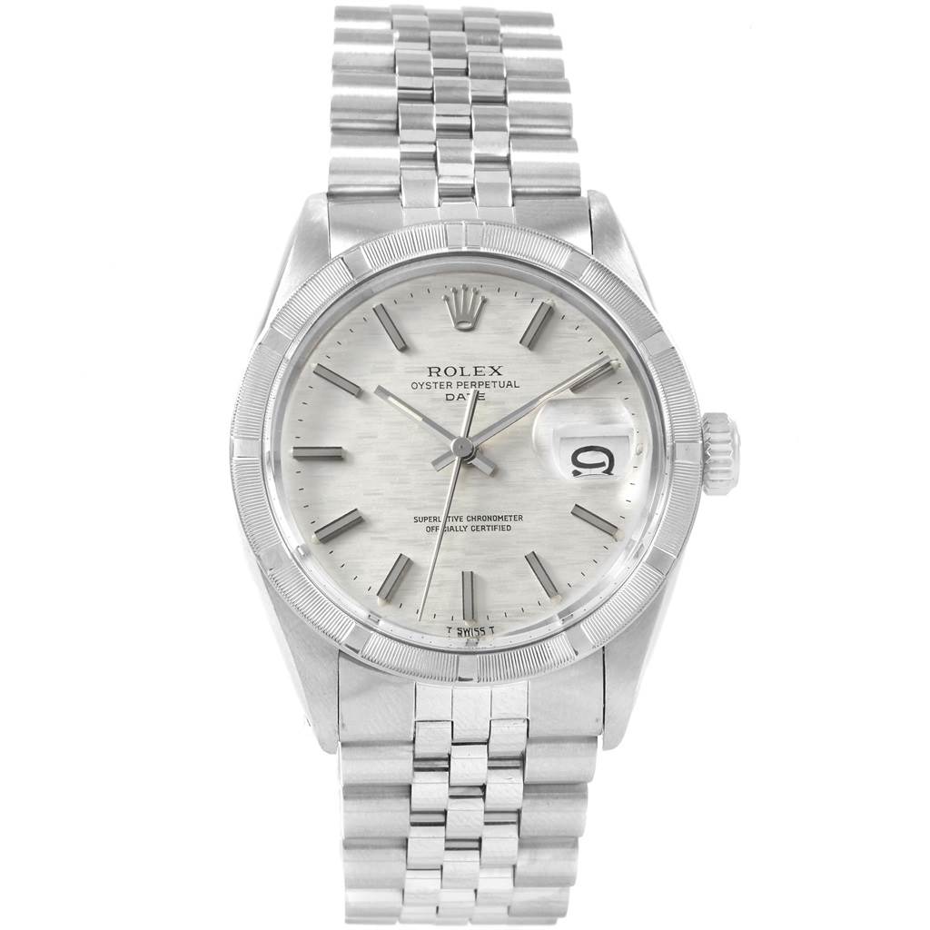 This is a front view of the Rolex Vintage Collection 1501 Men's Stainless Steel Silver Dial 1501 Men's Stainless Steel Silver Dial Oyster Perpetual watch, showing the face, bezel, crown, and bracelet.