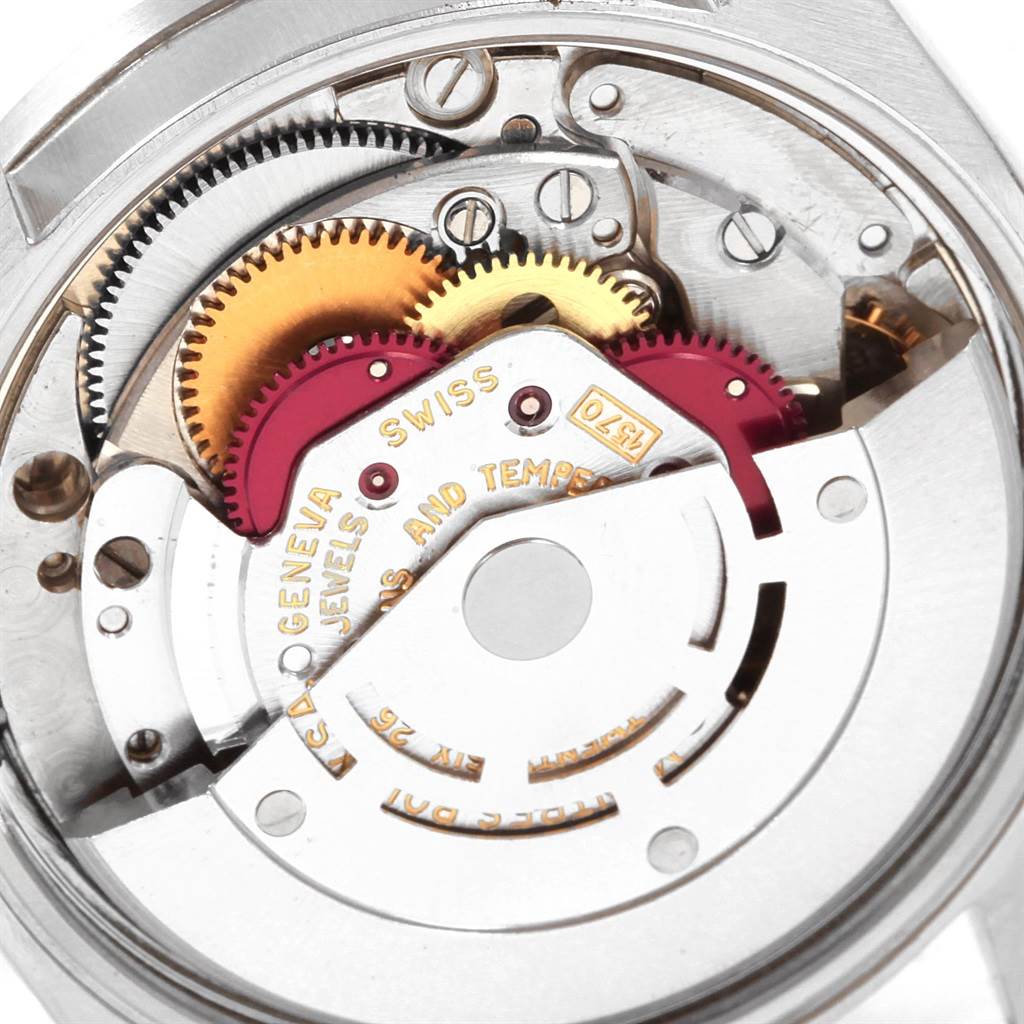 This image shows a close-up view of the internal movement parts of a Rolex Vintage Collection 1501 Men's Stainless Steel Silver Dial 1501 Men's Stainless Steel Silver Dial model watch.