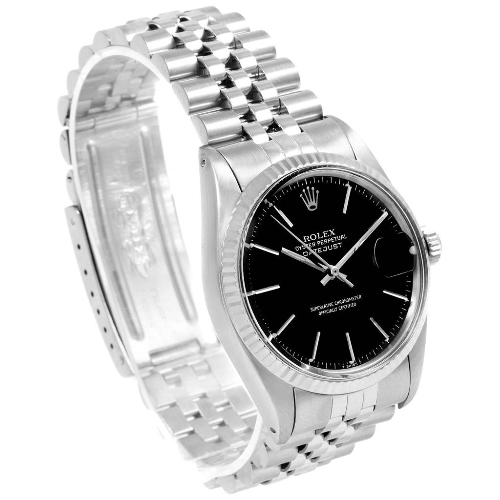 This image shows a Rolex Vintage Collection 16014 Men's Stainless Steel Black Dial 16014 Men's Stainless Steel Black Dial model watch, displaying the face, crown, and part of the bracelet at an angled view.