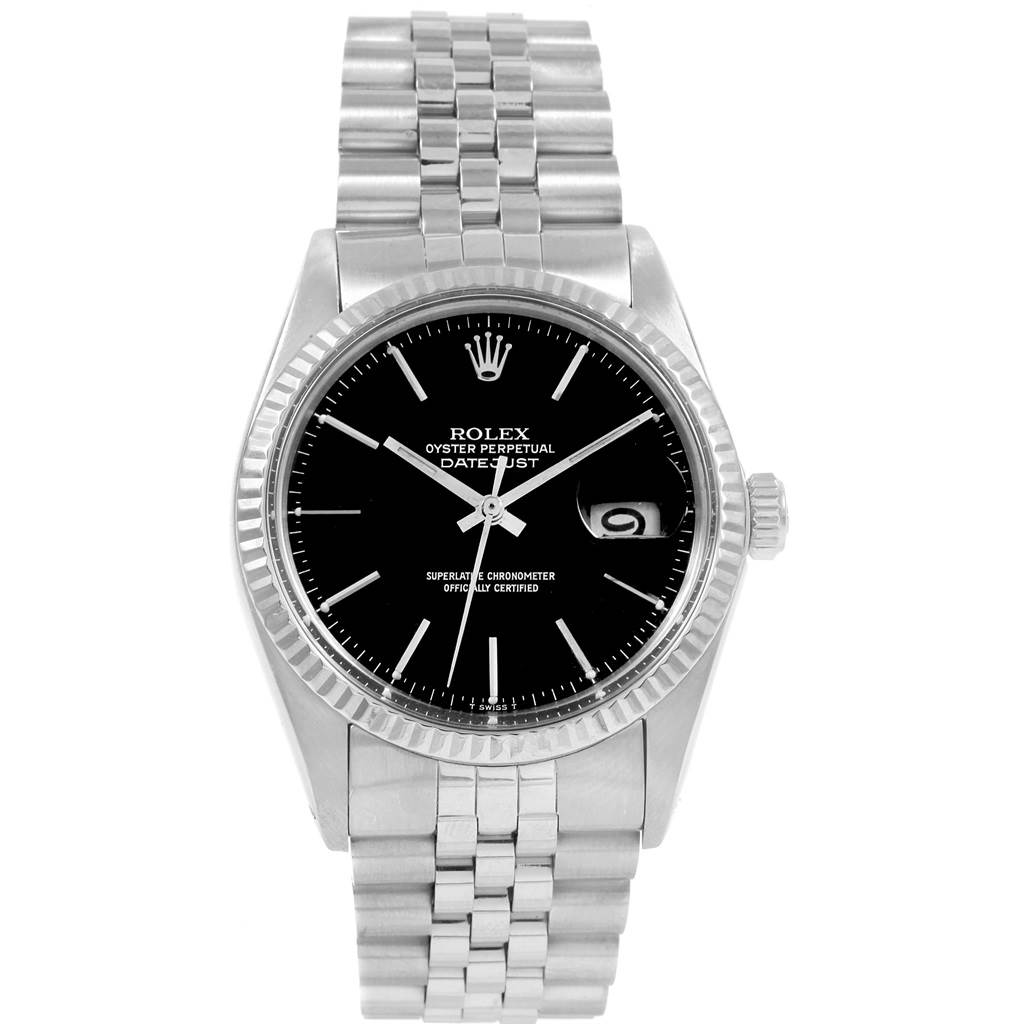 The Rolex Vintage Collection 16014 Men's Stainless Steel Black Dial 16014 Men's Stainless Steel Black Dial model is shown from a front angle, displaying the dial, bezel, bracelet, and date window.
