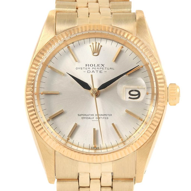 Rolex Date 14k Yellow Gold Silver Dial Vintage Mens Watch 1500 SwissWatchExpo