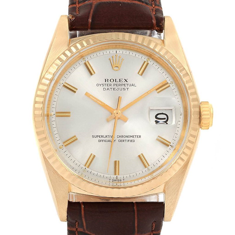 Rolex Datejust 18K Yellow Gold Brown Strap Vintage Mens Watch 1601 SwissWatchExpo