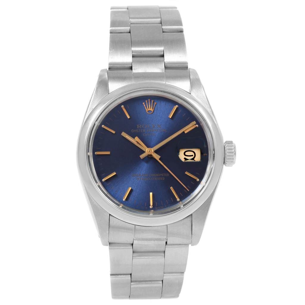 The image shows a front view of the Rolex Vintage Collection 1500 Men's Stainless Steel Silver Dial 1500 Men's Stainless Steel Silver Dial watch, highlighting its blue dial and metal bracelet.