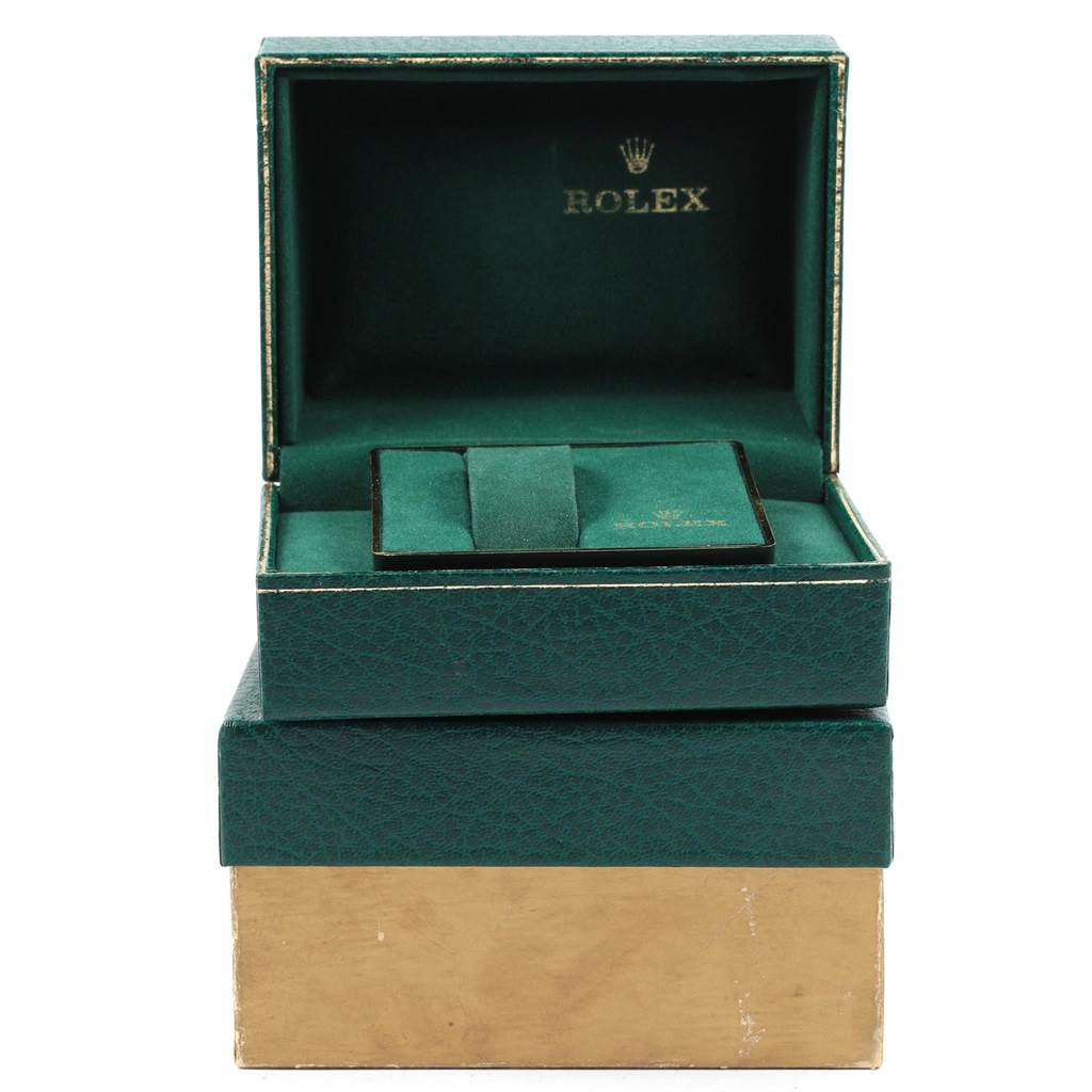 The image shows a Rolex Vintage Collection 1500 Men's Stainless Steel Silver Dial 1500 Men's Stainless Steel Silver Dial watch box and cushion, viewed from the front.