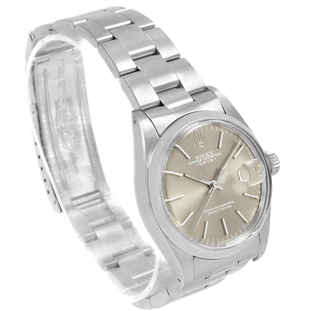 The image shows a Rolex Vintage Collection 1500 Men's Stainless Steel Silver Dial 1500 Men's Stainless Steel Silver Dial watch from a three-quarter angle, highlighting its face, bezel, and stainless steel bracelet.