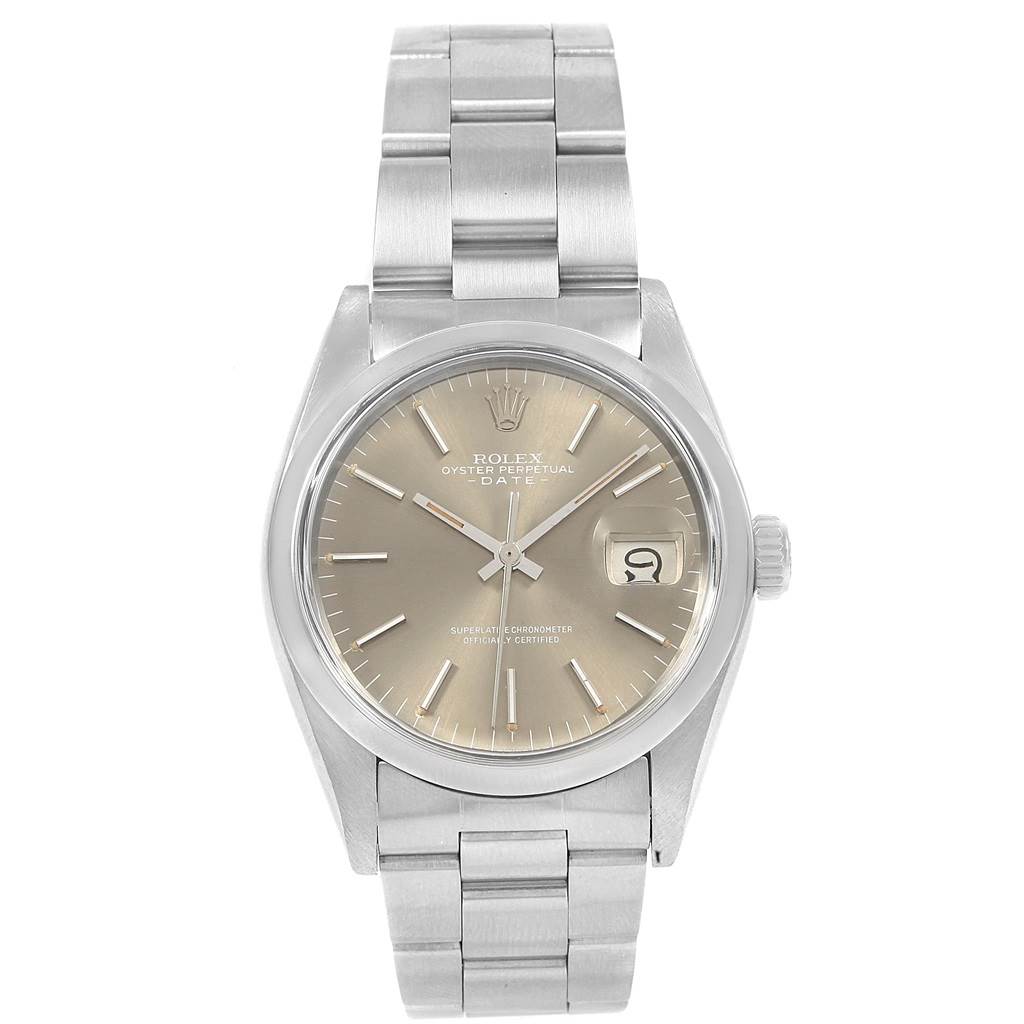 The image shows a front view of the Rolex Vintage Collection 1500 Men's Stainless Steel Silver Dial 1500 Men's Stainless Steel Silver Dial Oyster Perpetual Date watch, displaying its dial, bezel, and bracelet.