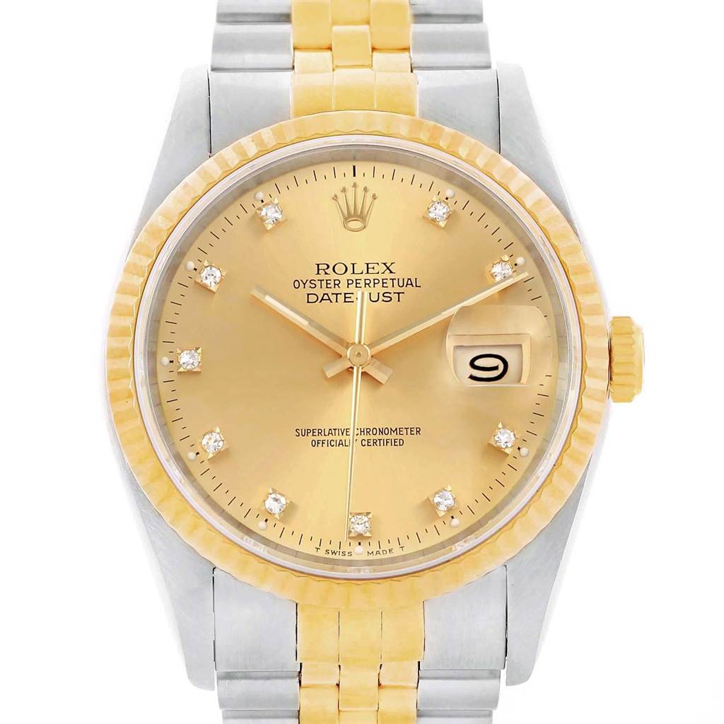 The image shows a front view of the Rolex Vintage Collection 16013 Men's Stainless Steel Champagne Dial 16013 Men's Stainless Steel Champagne Dial model, highlighting the dial, date window, hands, and bracelet.