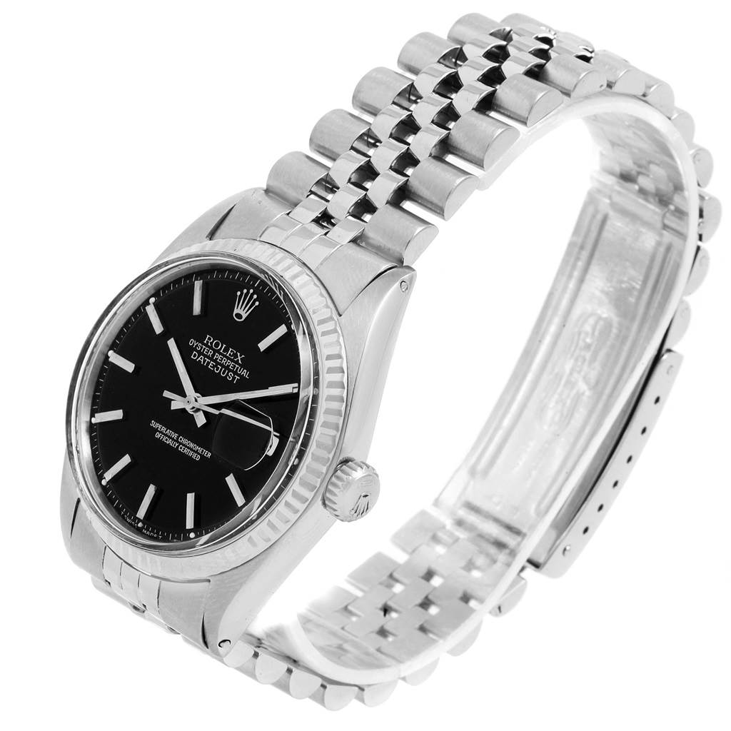 The Rolex Vintage Collection 1601 Men's Stainless Steel Black Dial 1601 Men's Stainless Steel Black Dial model watch is shown at a three-quarter angle, displaying its face, bezel, crown, and metal bracelet.