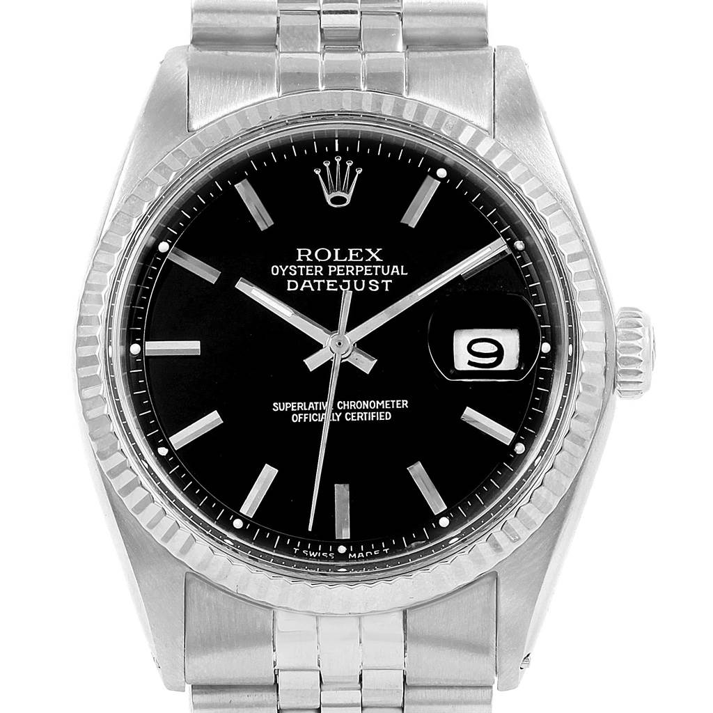 The image shows a front view of the Rolex Vintage Collection 1601 Men's Stainless Steel Black Dial 1601 Men's Stainless Steel Black Dial Datejust with its black dial, date display, and stainless steel bracelet.