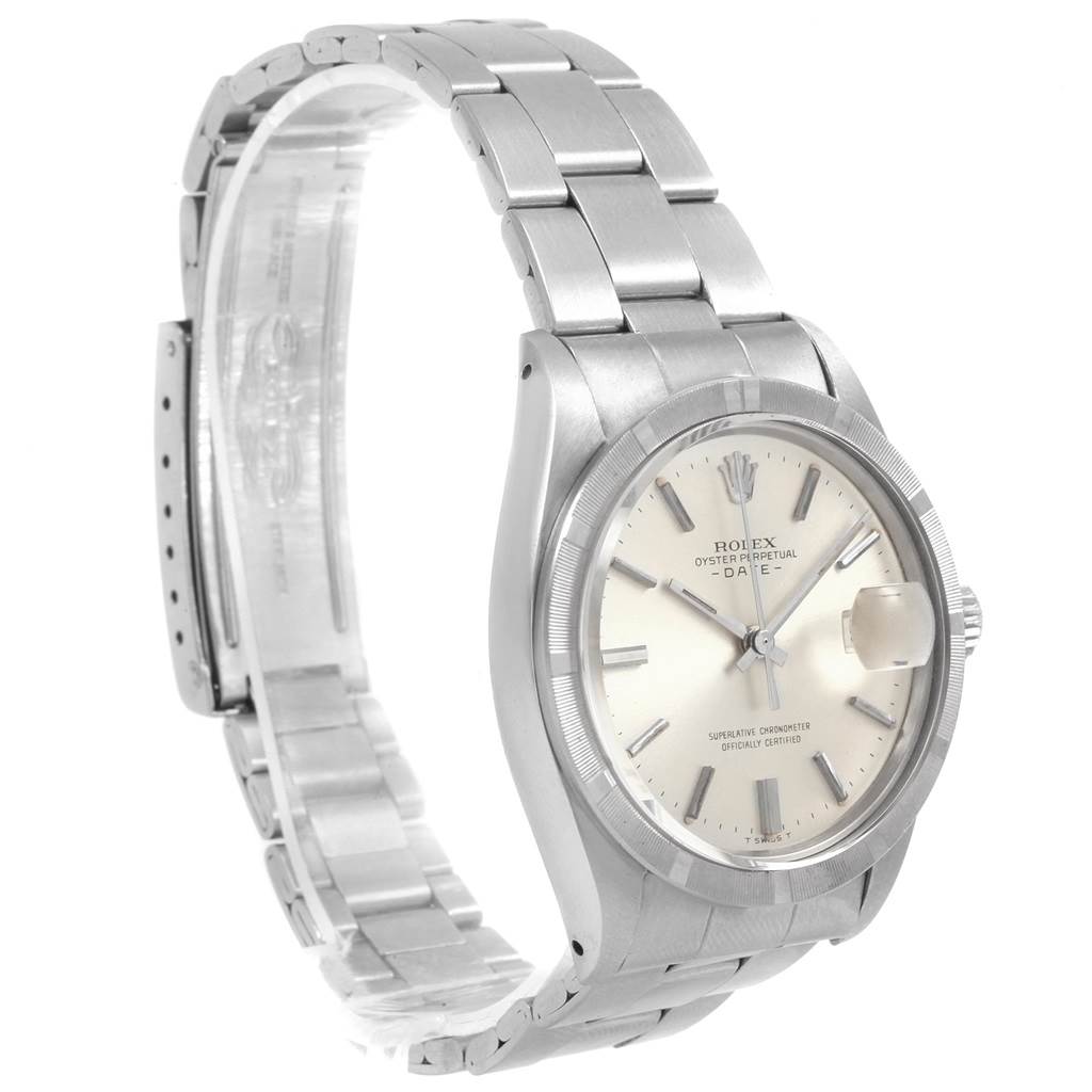The image shows a Vintage Collection Rolex Oyster Perpetual Date watch from a 3/4 angle, highlighting its face and metal bracelet.