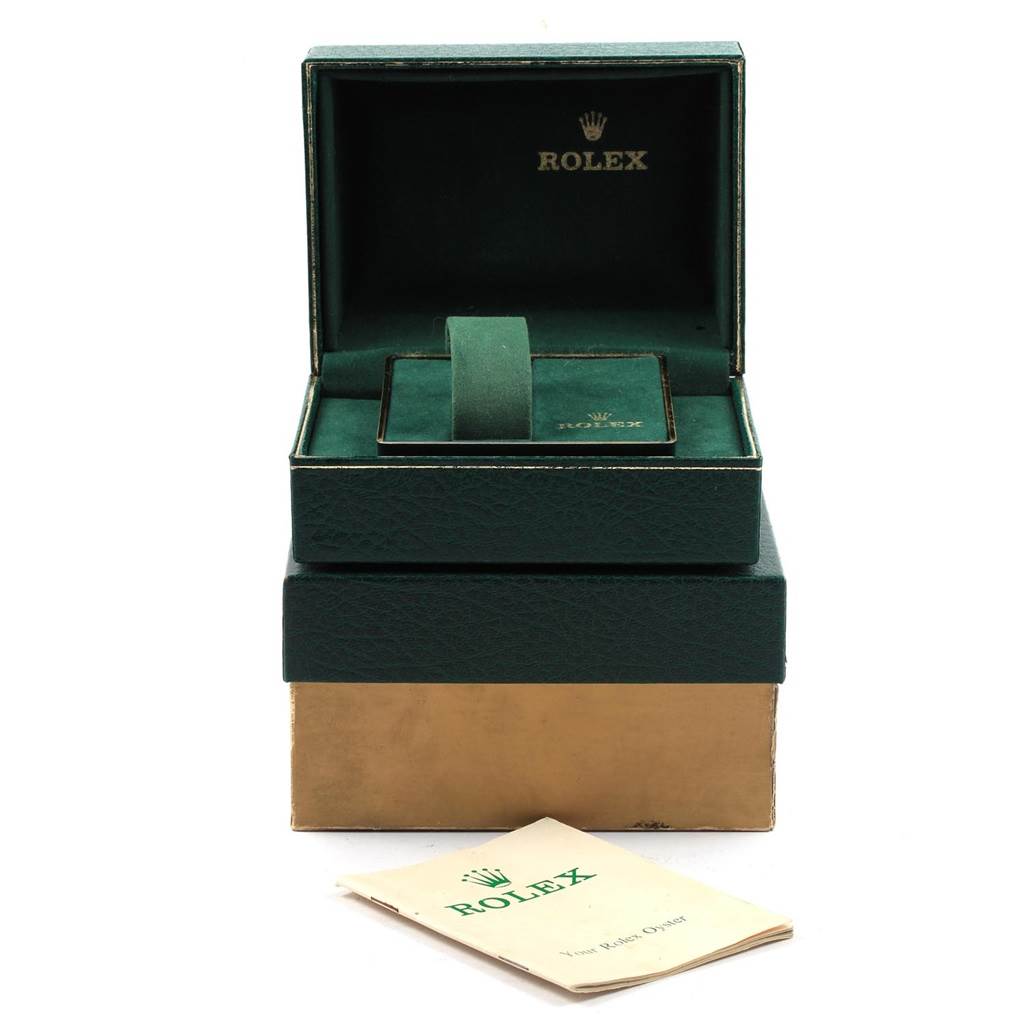 The image shows the Rolex Vintage Collection 1501 Men's Stainless Steel Silver Dial 1501 Men's Stainless Steel Silver Dial watch box and papers at an eye-level angle.