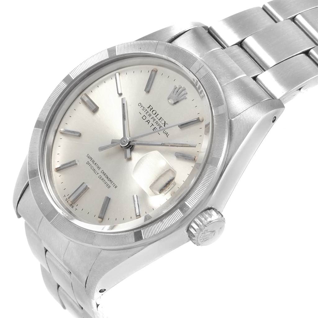 The image shows a Rolex Vintage Collection 1501 Men's Stainless Steel Silver Dial 1501 Men's Stainless Steel Silver Dial watch from a top-side angle, highlighting its face, dial, crown, and bracelet.