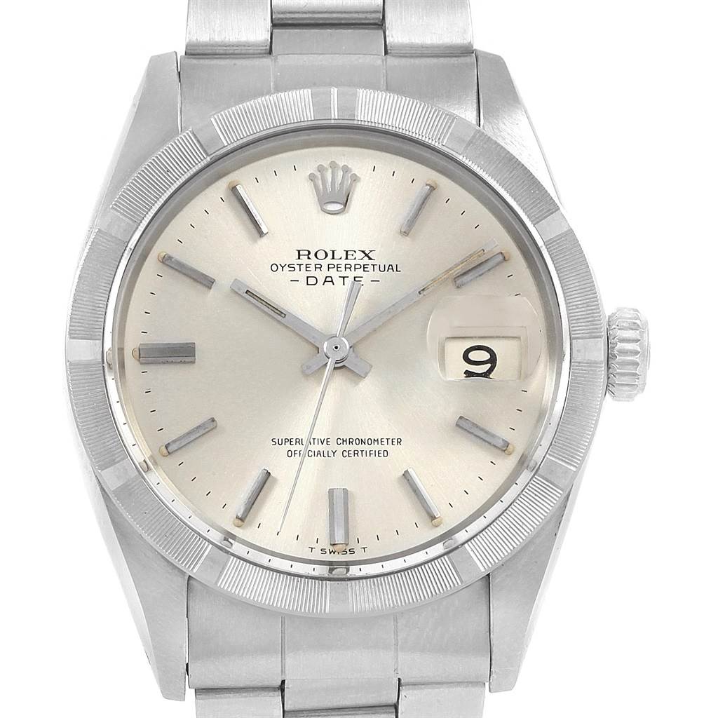 The image shows a frontal view of the Rolex Vintage Collection 1501 Men's Stainless Steel Silver Dial 1501 Men's Stainless Steel Silver Dial Oyster Perpetual Date watch, highlighting its dial, bezel, and bracelet.