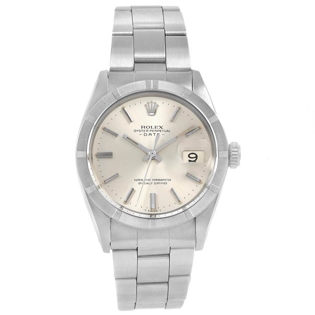 The image shows a front view of the Vintage Collection Rolex Oyster Perpetual Date watch, displaying the face, bezel, crown, and bracelet.