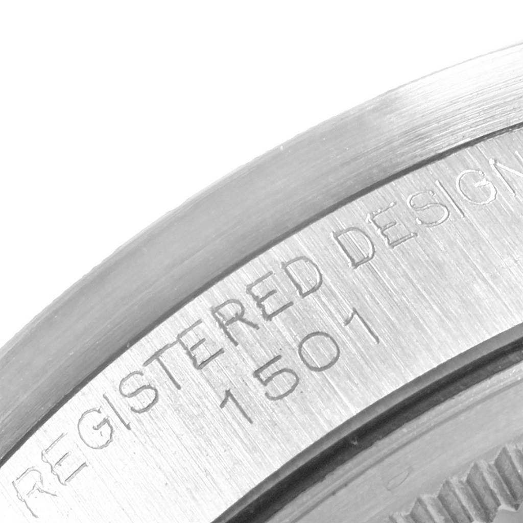 This image shows a close-up of the case back engraving on the Rolex Vintage Collection 1501 Men's Stainless Steel Silver Dial 1501 Men's Stainless Steel Silver Dial model 1501.