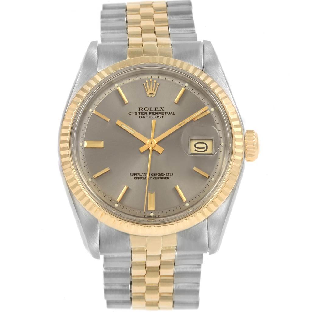 The image shows a front view of the Rolex Vintage Collection 1601 Men's Steel and Gold (two tone) Grey Dial 1601 Men's Steel and Gold (two tone) Grey Dial Oyster Perpetual Datejust watch, displaying the dial, bezel, and bracelet.