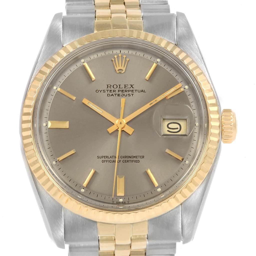 The image shows a front-facing view of a Rolex Vintage Collection 1601 Men's Steel and Gold (two tone) Grey Dial 1601 Men's Steel and Gold (two tone) Grey Dial Oyster Perpetual Datejust watch, displaying the dial, bezel, and bracelet.