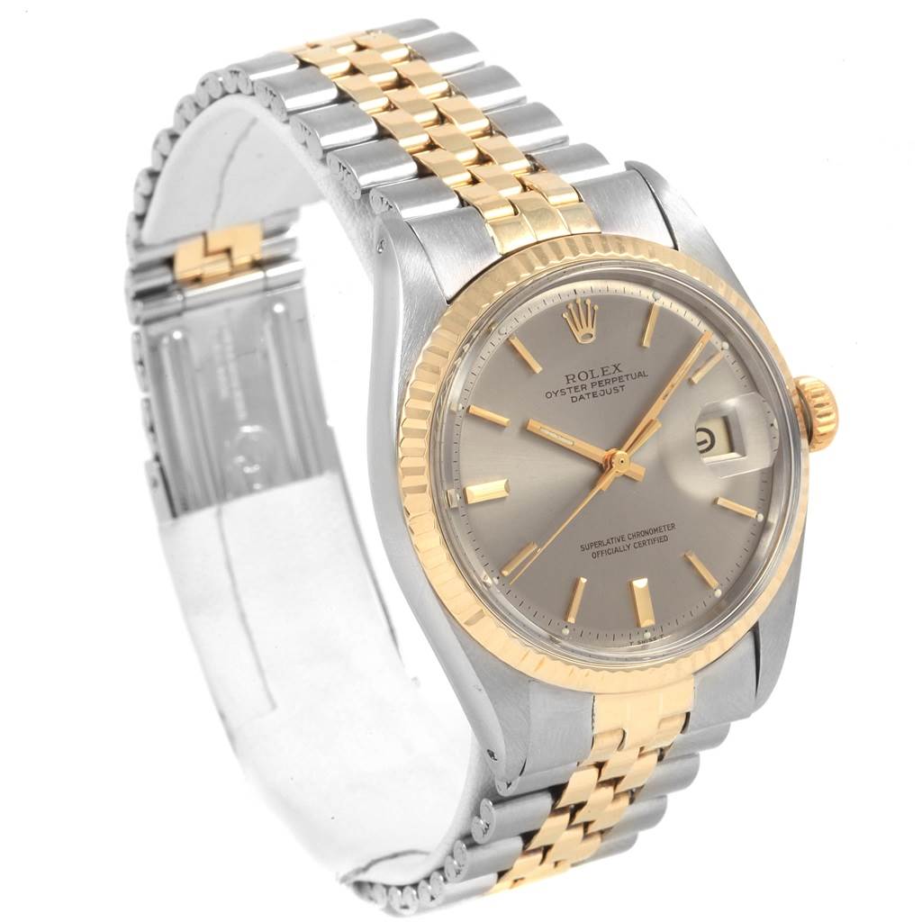 The image shows a Rolex Vintage Collection 1601 Men's Steel and Gold (two tone) Grey Dial 1601 Men's Steel and Gold (two tone) Grey Dial model, featuring the watch face, bezel, and bracelet at an angled view.