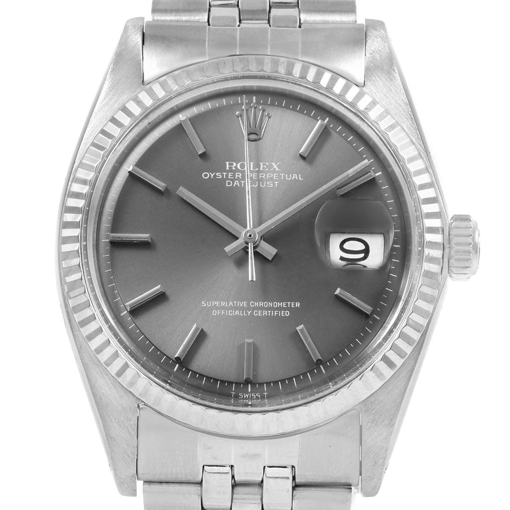 The image shows a front view of the dial, bezel, bracelet, and crown of the Rolex Vintage Collection 1601 Men's Stainless Steel Grey Dial 1601 Men's Stainless Steel Grey Dial Oyster Perpetual Datejust watch.