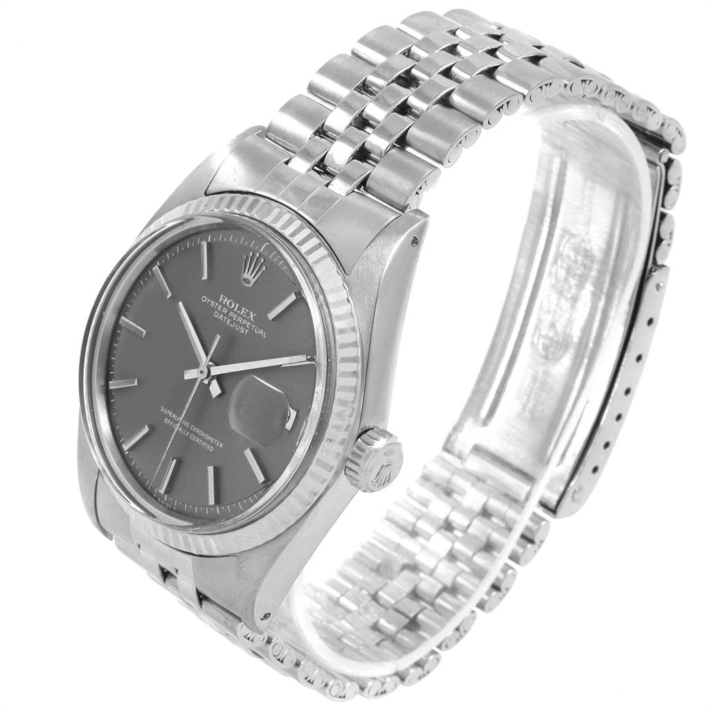The Rolex Vintage Collection 1601 Men's Stainless Steel Grey Dial 1601 Men's Stainless Steel Grey Dial watch is shown at a three-quarter angle, highlighting its face, bezel, crown, and bracelet.