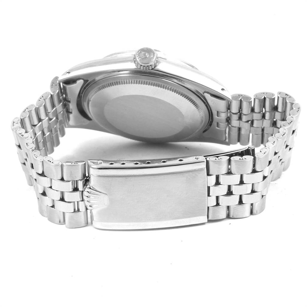 This image shows the back case, crown, and bracelet clasp of the Rolex Vintage Collection 1601 Men's Stainless Steel Grey Dial 1601 Men's Stainless Steel Grey Dial watch.