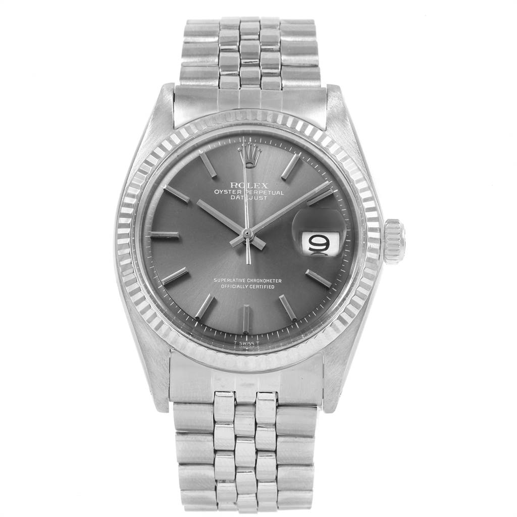 This Rolex Vintage Collection 1601 Men's Stainless Steel Grey Dial 1601 Men's Stainless Steel Grey Dial model shows a full frontal view, including the dial, bezel, bracelet, and date window.