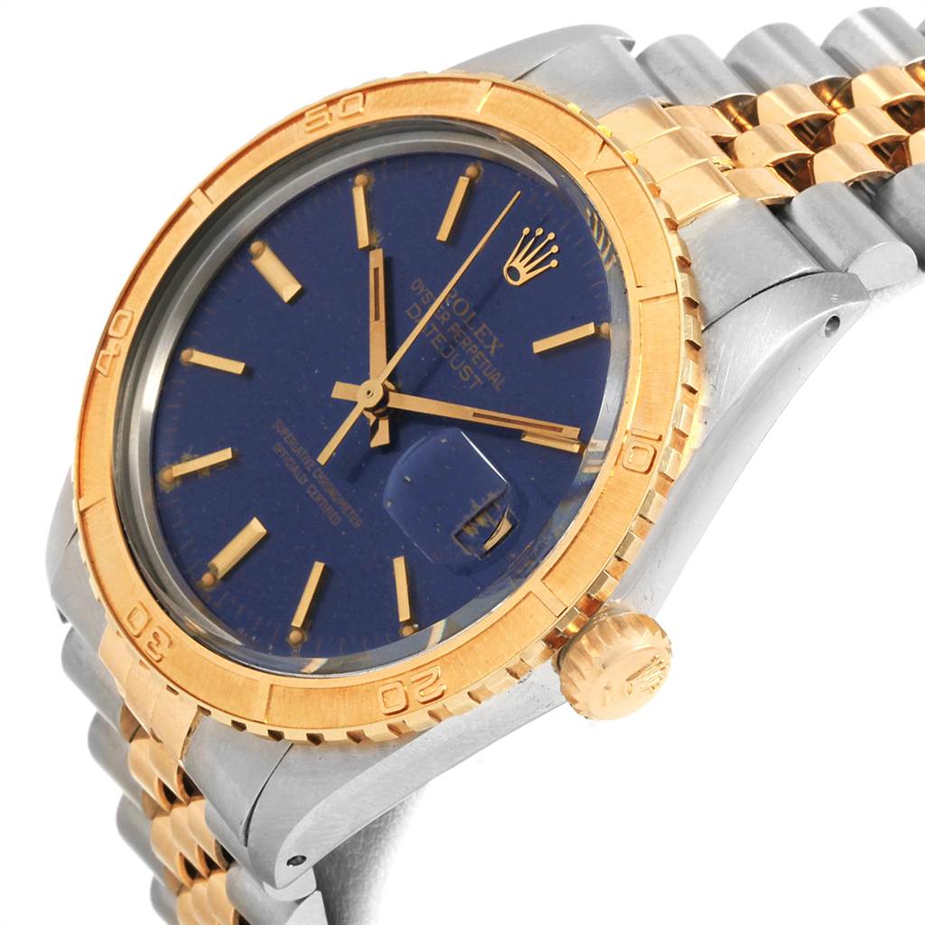 This Rolex Vintage Collection 16253 Men's Steel and Gold (two tone) Blue Dial 16253 Men's Steel and Gold (two tone) Blue Dial model watch is shown at a slight angle, highlighting its blue dial, gold bezel, and two-tone bracelet.