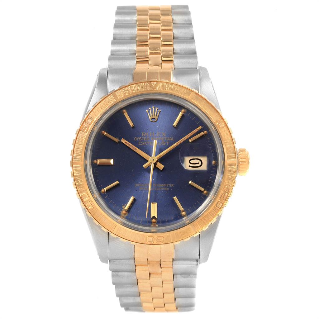 This image shows a front view of a Rolex Vintage Collection 16253 Men's Steel and Gold (two tone) Blue Dial 16253 Men's Steel and Gold (two tone) Blue Dial watch, featuring a gold bezel, blue dial, and two-tone bracelet.