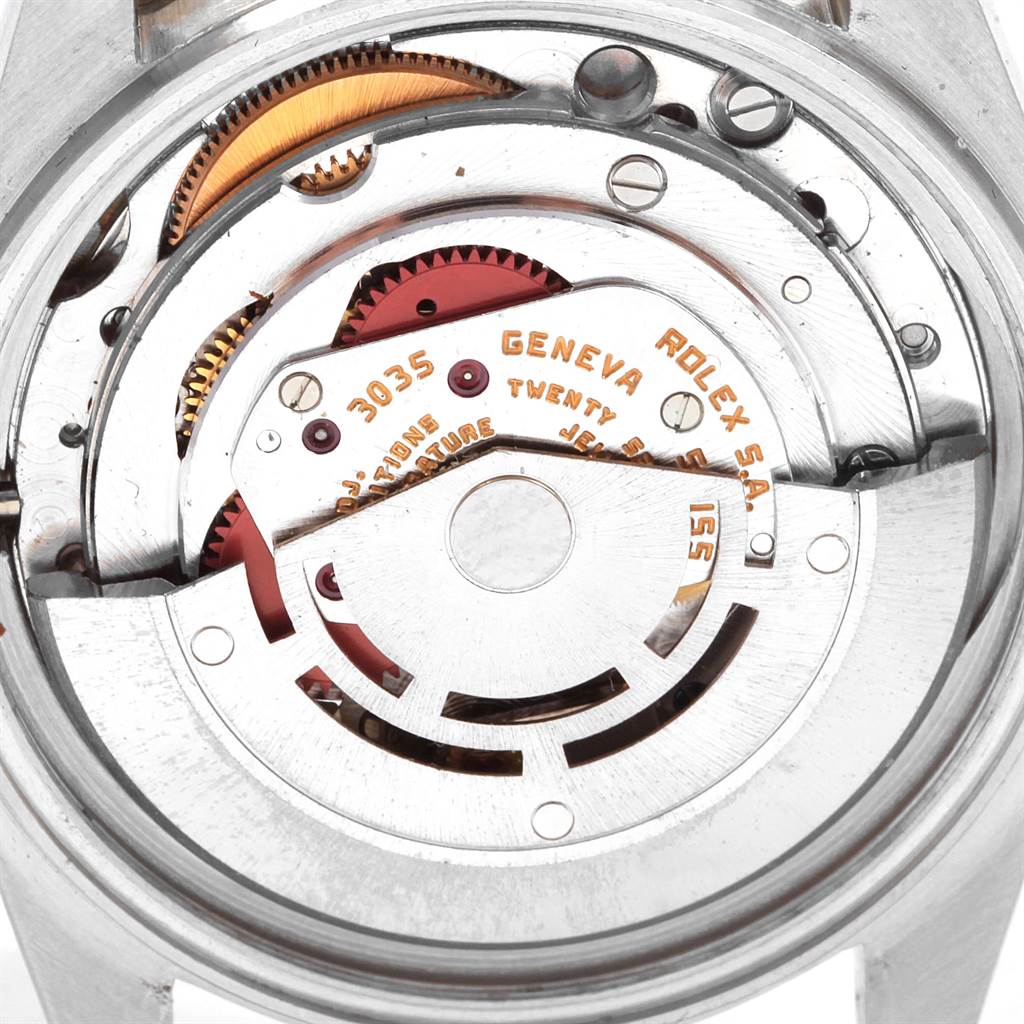 This image shows a detailed view of the movement and internal mechanism of the Rolex Vintage Collection 16253 Men's Steel and Gold (two tone) Blue Dial 16253 Men's Steel and Gold (two tone) Blue Dial model 3035.