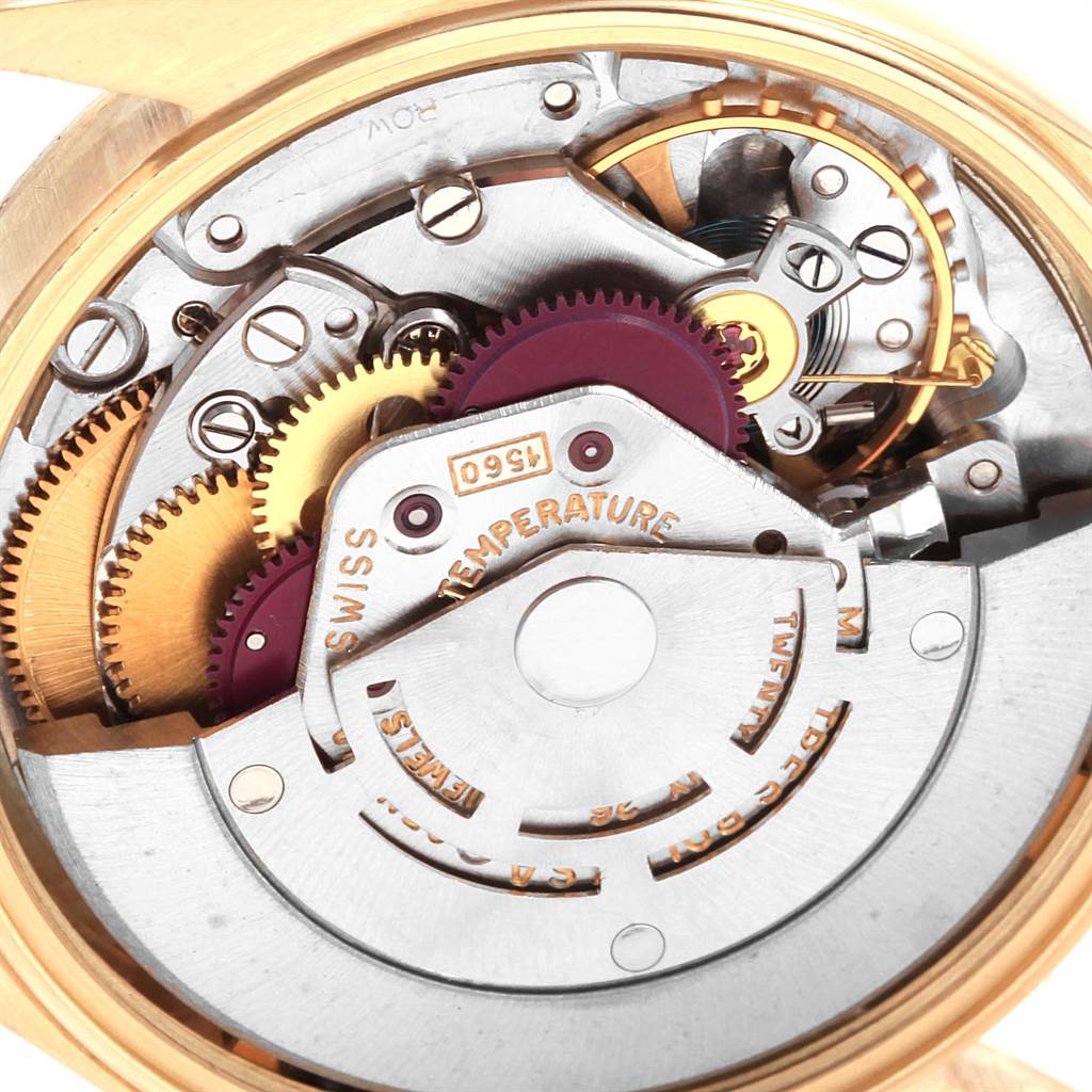 This image shows a close-up shot of the internal mechanism of a Rolex Vintage Collection 1503 Men
s Yellow Gold Blue Dial 1503 Men
s Yellow Gold Blue Dial model watch.
