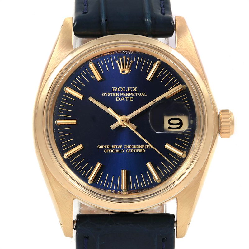 Rolex Date 14K Yellow Gold Blue Dial Vintage Mens Watch 1503 SwissWatchExpo