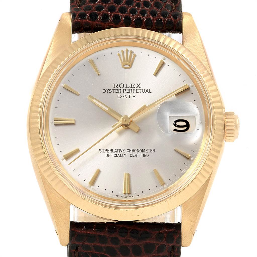 The image shows a frontal view of the Rolex Vintage Collection 1503 Men's Yellow Gold Silver Dial 1503 Men's Yellow Gold Silver Dial Oyster Perpetual Date watch, highlighting the dial, crown, and leather strap.