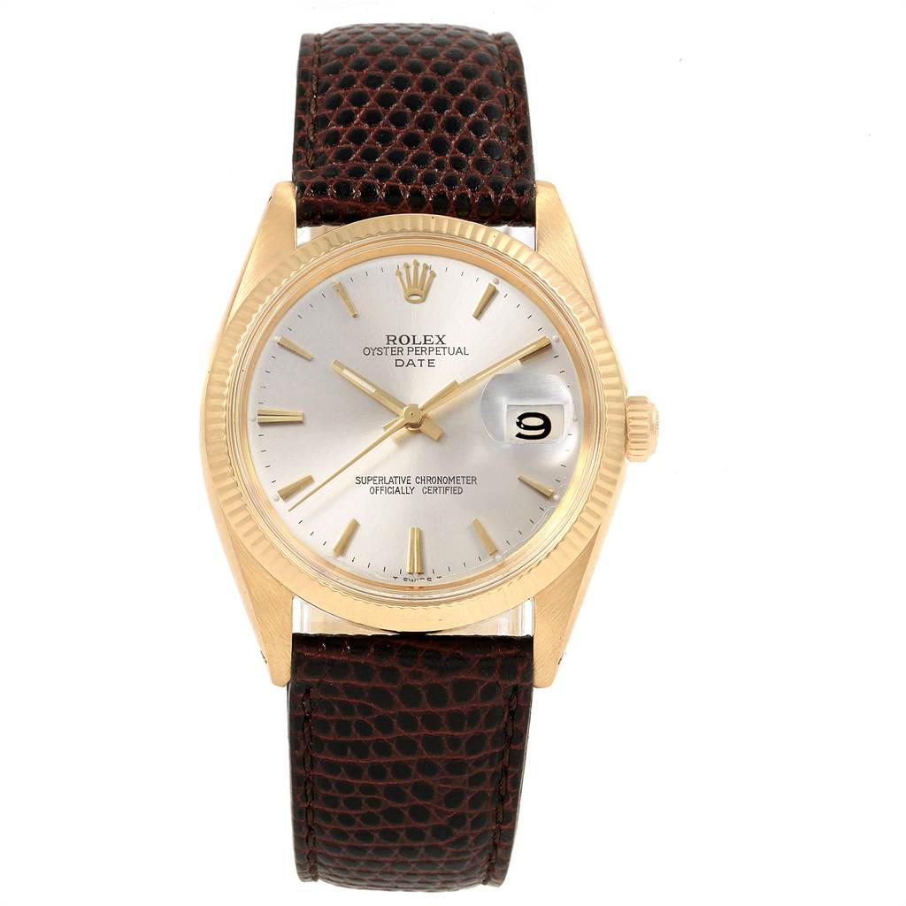 The image shows a front view of a Rolex Vintage Collection 1503 Men's Yellow Gold Silver Dial 1503 Men's Yellow Gold Silver Dial Oyster Perpetual Date watch with a gold case and brown leather strap.