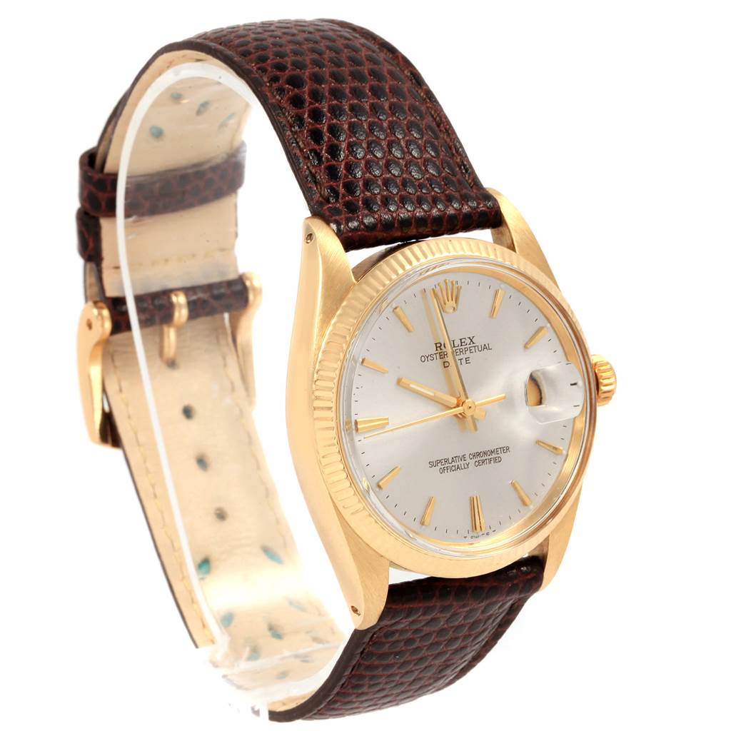 The image shows a Rolex Vintage Collection 1503 Men's Yellow Gold Silver Dial 1503 Men's Yellow Gold Silver Dial model watch at a 3/4 angle, displaying the face, dial, crown, and part of the leather strap.