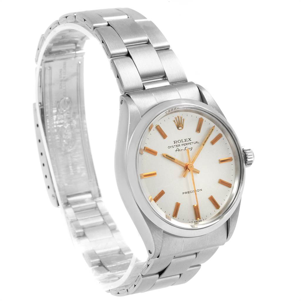 The Rolex Oyster Perpetual Air-King from the Vintage Collection is shown at an angled view, highlighting the dial, crown, and bracelet.