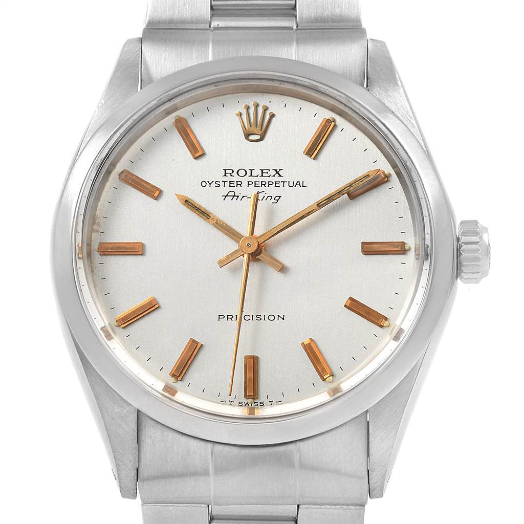 The Rolex Vintage Collection 5500 Men's Stainless Steel Silver Dial 5500 Men's Stainless Steel Silver Dial model Oyster Perpetual Air-King is shown from the front, displaying the dial, markers, crown, and bracelet.