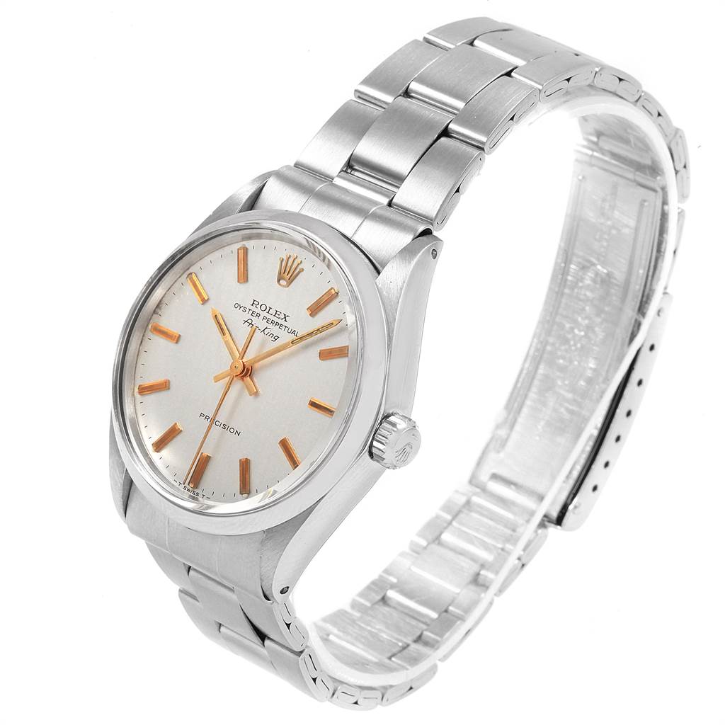 The image shows a side angle of the Rolex Vintage Collection 5500 Men's Stainless Steel Silver Dial 5500 Men's Stainless Steel Silver Dial Oyster Perpetual watch, highlighting its dial, bezel, and bracelet.
