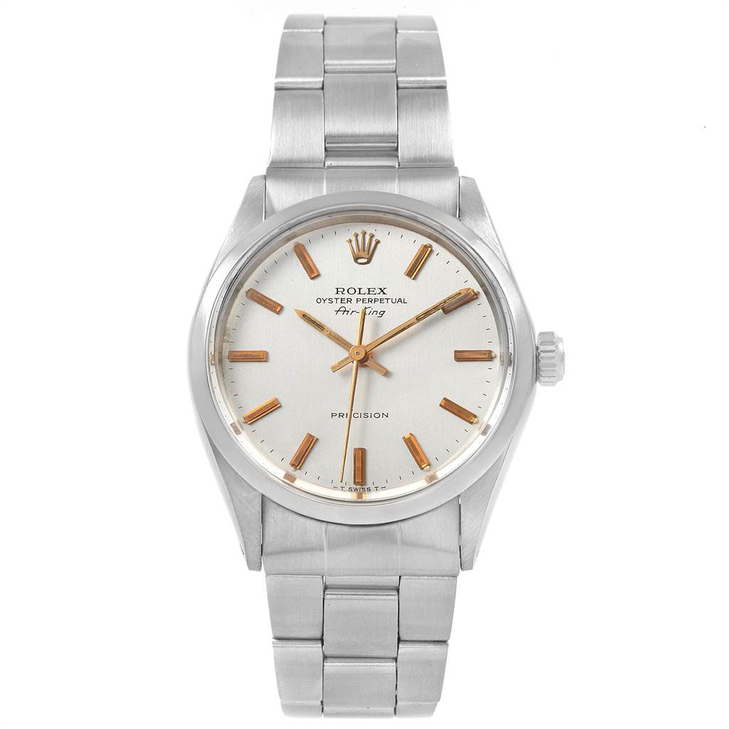 The image shows a front view of a Rolex Vintage Collection 5500 Men's Stainless Steel Silver Dial 5500 Men's Stainless Steel Silver Dial model watch, featuring its dial, hands, markers, and bracelet.