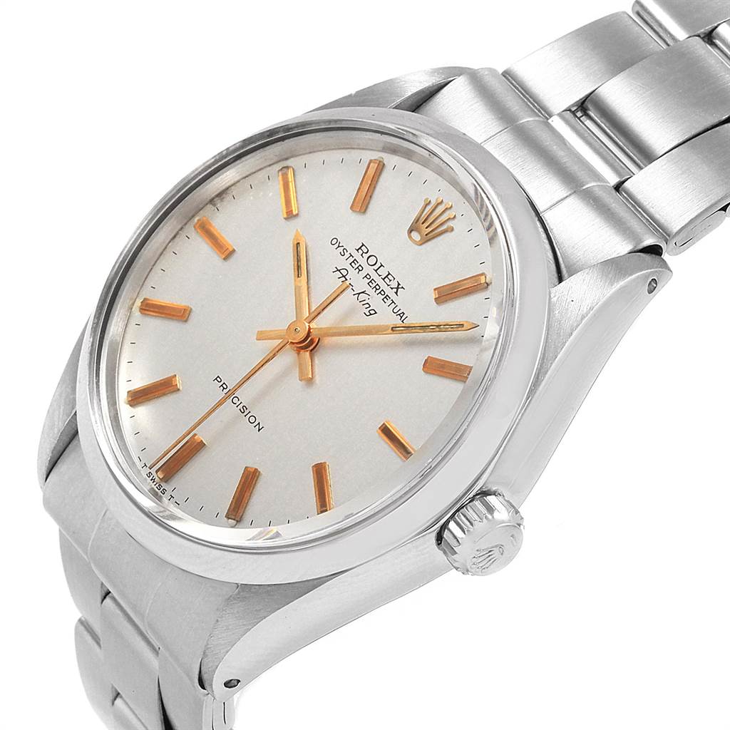 This image shows a Rolex Vintage Collection 5500 Men's Stainless Steel Silver Dial 5500 Men's Stainless Steel Silver Dial Oyster Perpetual Air-King watch, angled to highlight the dial, crown, and bracelet.