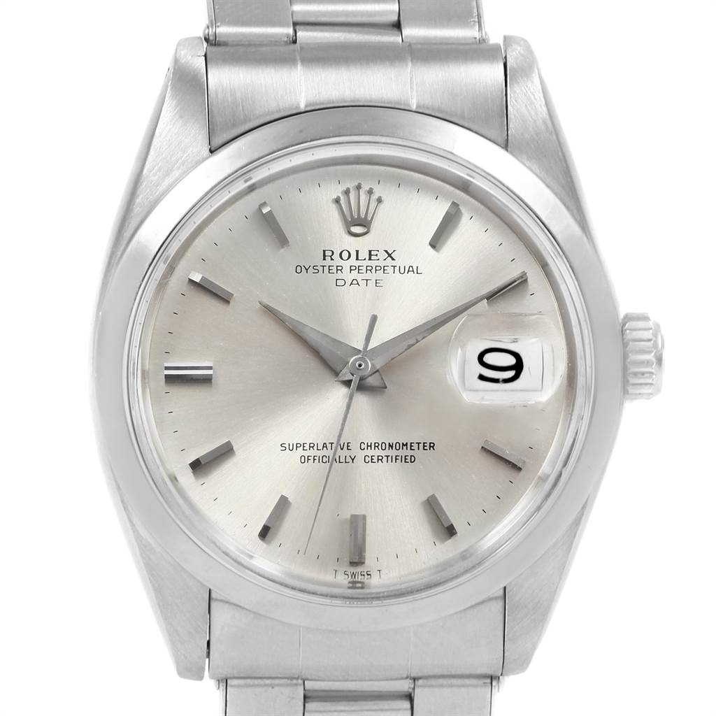 The image shows a front view of the Rolex Vintage Collection 1500 Men's Stainless Steel Silver Dial 1500 Men's Stainless Steel Silver Dial Oyster Perpetual Date watch, highlighting the dial, date window, and bracelet.