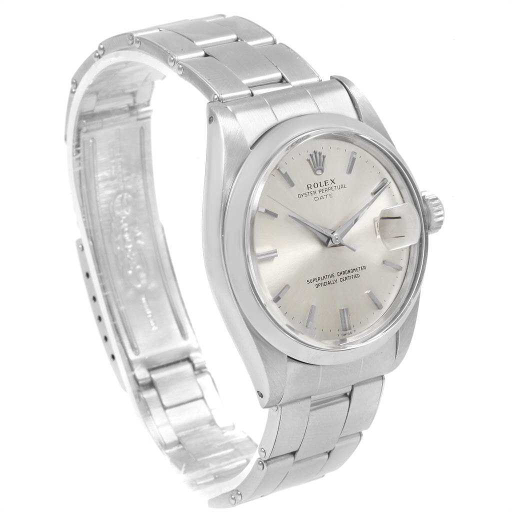 The image shows a Rolex Vintage Collection 1500 Men's Stainless Steel Silver Dial 1500 Men's Stainless Steel Silver Dial watch from a three-quarter angle, highlighting its stainless steel case, bracelet, and dial.
