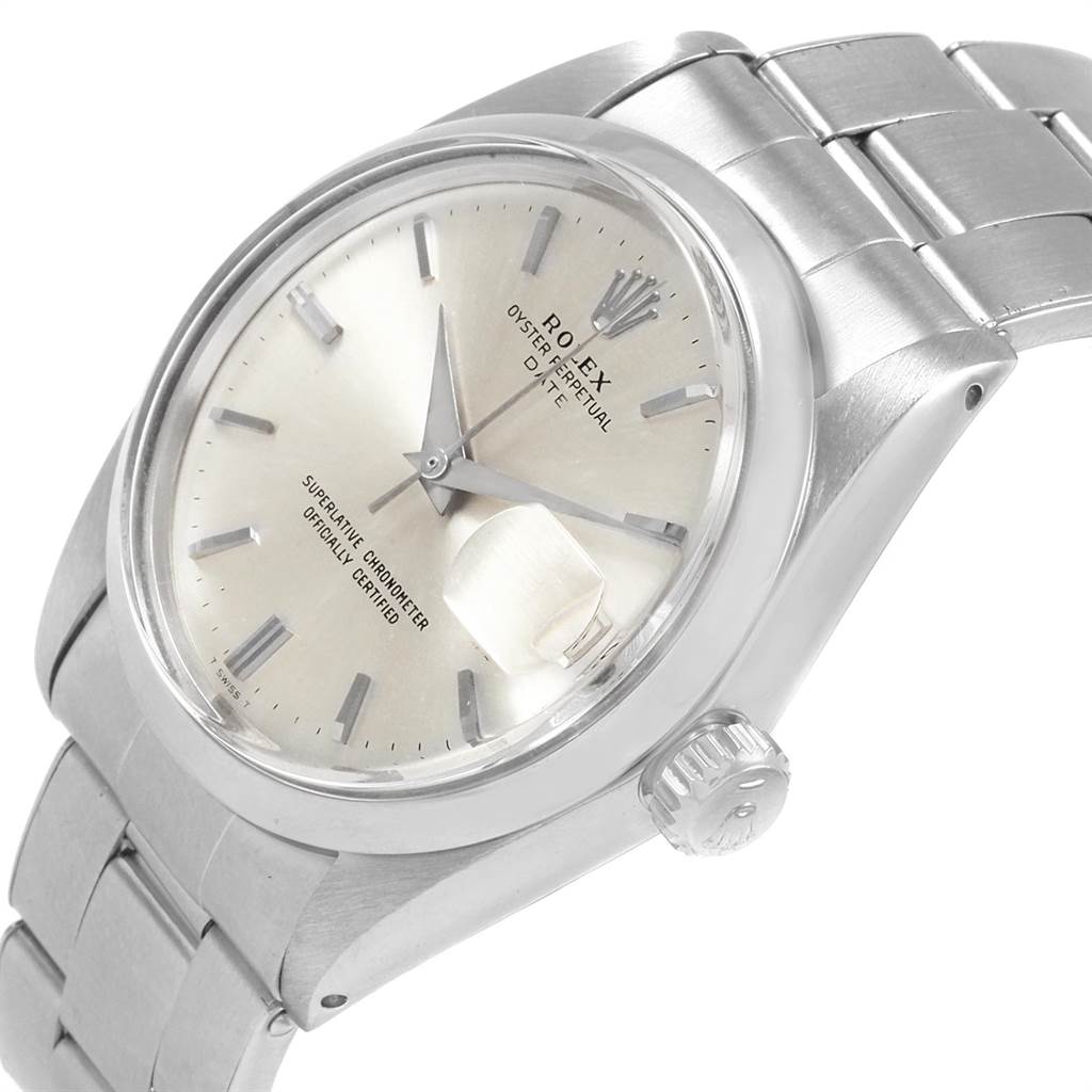 The image shows a Rolex Vintage Collection 1500 Men's Stainless Steel Silver Dial 1500 Men's Stainless Steel Silver Dial model watch at a slight angle, highlighting the face, crown, and stainless steel bracelet.