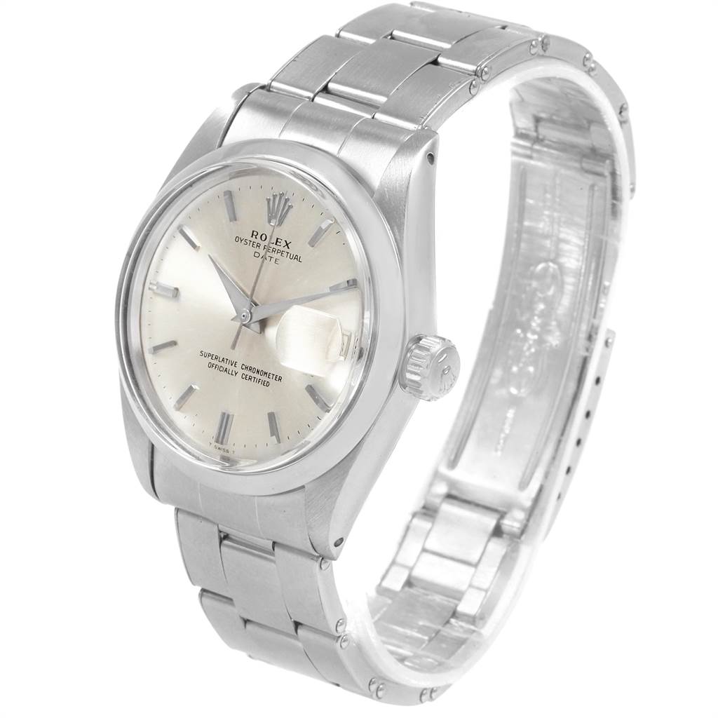 The image shows a side and front angle of the Rolex Vintage Collection 1500 Men's Stainless Steel Silver Dial 1500 Men's Stainless Steel Silver Dial watch, featuring its dial, bezel, and stainless steel bracelet.