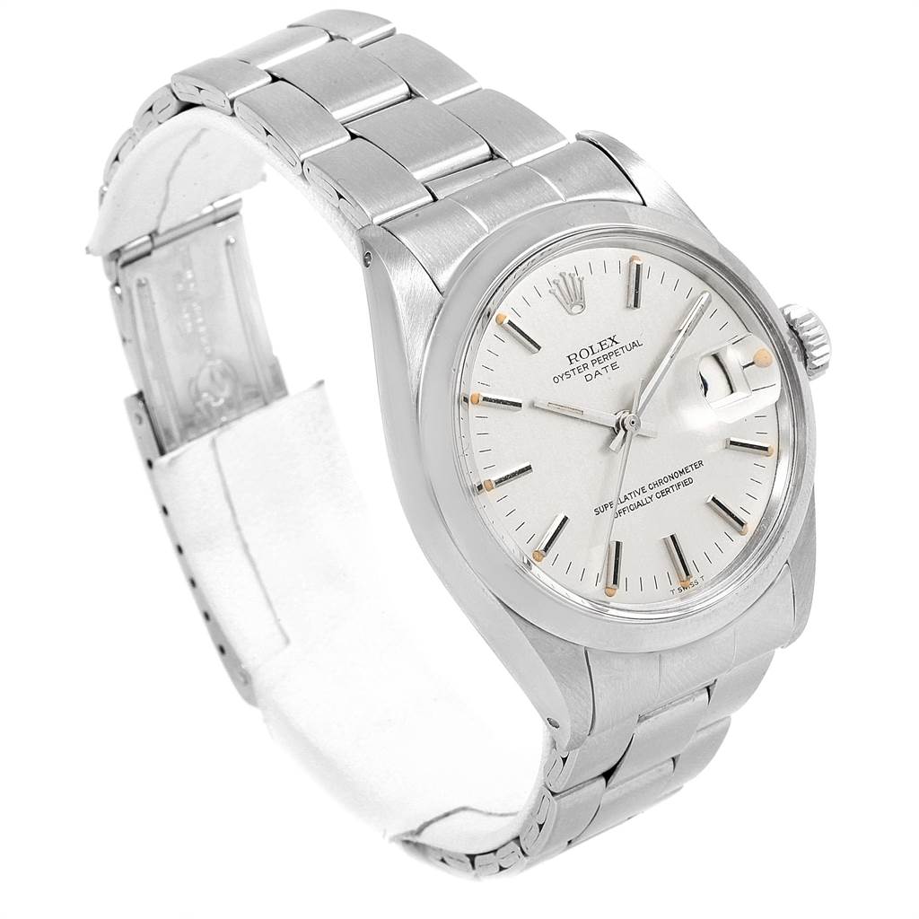 The image shows a side view of the Rolex Vintage Collection 1500 Men's Stainless Steel Silver Dial 1500 Men's Stainless Steel Silver Dial model, highlighting its dial, bezel, crown, and bracelet.