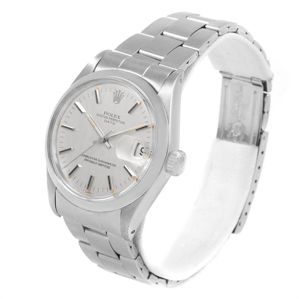 The image shows a side angle of a Rolex Vintage Collection 1500 Men's Stainless Steel Silver Dial 1500 Men's Stainless Steel Silver Dial Oyster Perpetual Date watch, highlighting the face, crown, and part of the bracelet.