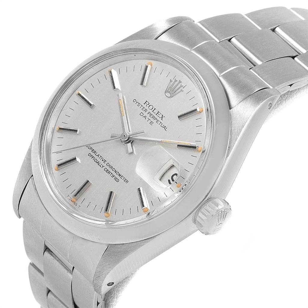 The image shows a close-up angle of the Rolex Vintage Collection 1500 Men's Stainless Steel Silver Dial 1500 Men's Stainless Steel Silver Dial Oyster Perpetual Date watch, highlighting the face, casing, and bracelet.