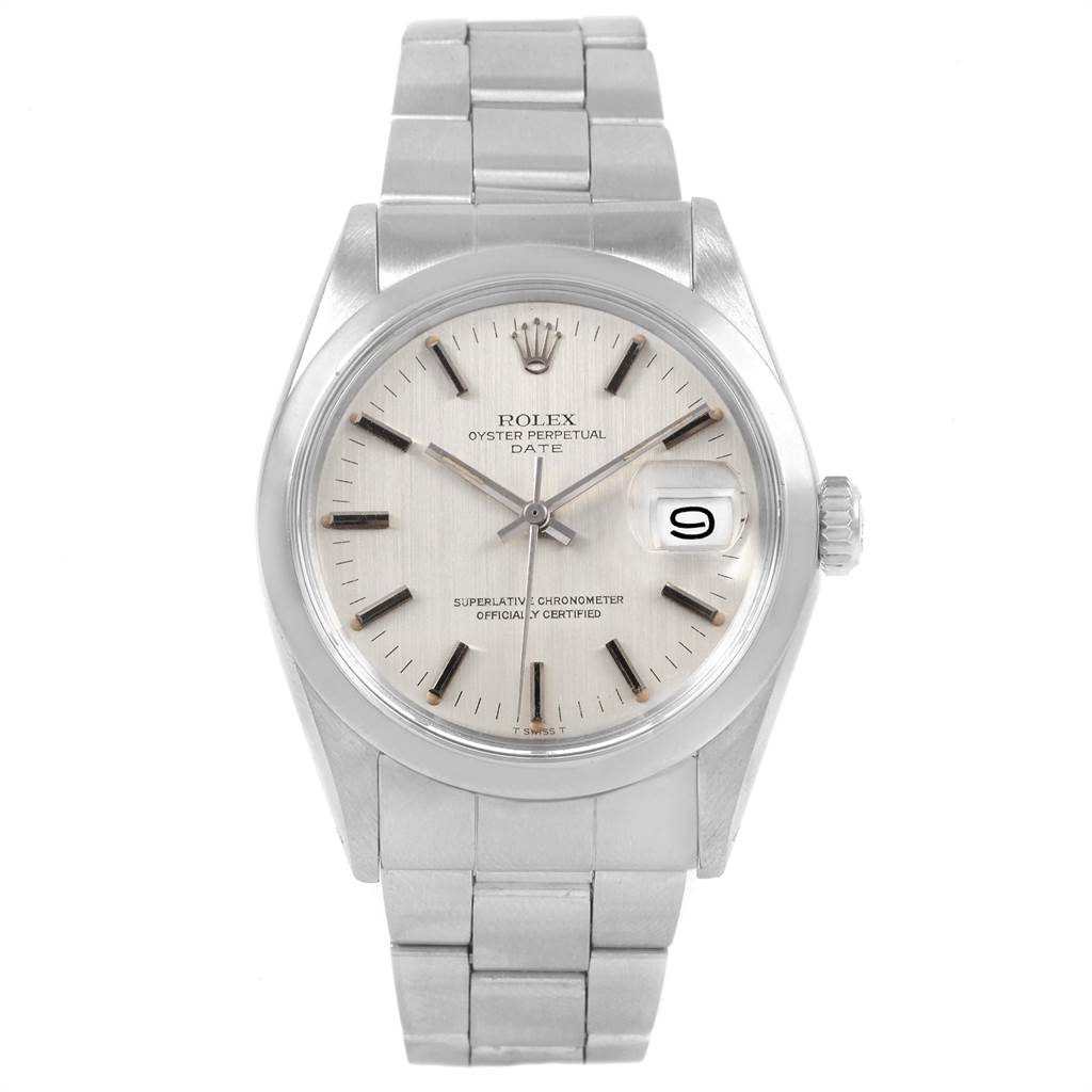 The image shows a front view of the Rolex Vintage Collection 1500 Men's Stainless Steel Silver Dial 1500 Men's Stainless Steel Silver Dial Oyster Perpetual Date model, showcasing its dial, bezel, and bracelet.