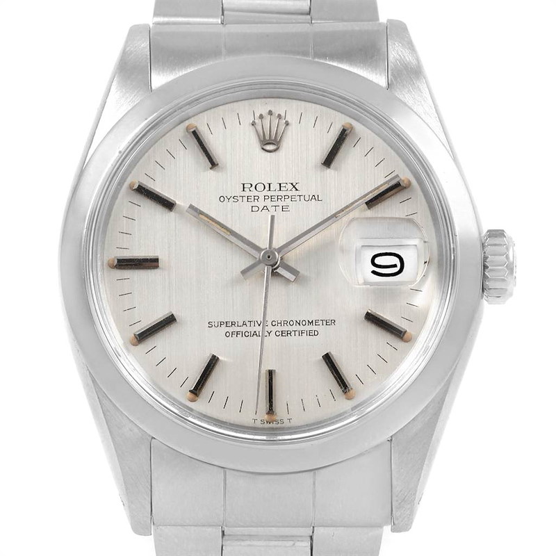 Rolex Date Smooth Bezel Silver Dial Steel Vintage Mens Watch 1500 SwissWatchExpo