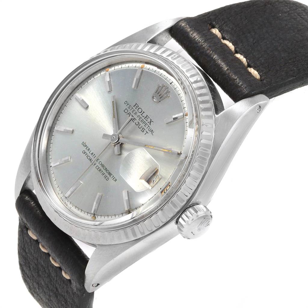 The Rolex Vintage Collection 1601 Men's Stainless Steel Silver Dial 1601 Men's Stainless Steel Silver Dial Datejust watch is shown at a slight angle, displaying the dial, bezel, case, crown, and part of the strap.