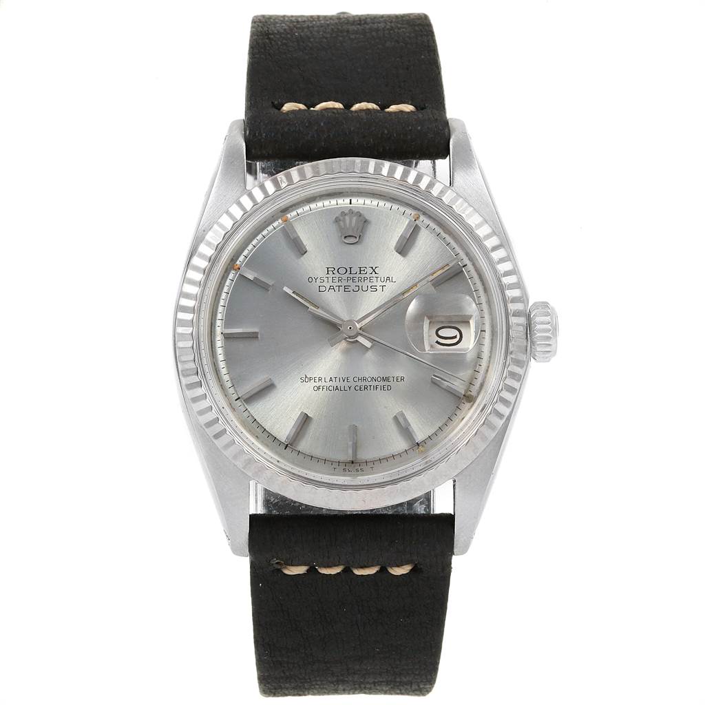 The Vintage Collection Rolex Datejust model is shown from a frontal angle, featuring the dial, bezel, and leather strap.
